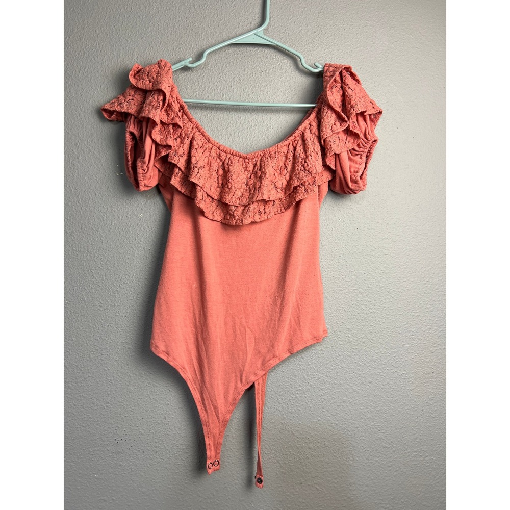 Crimson Coral Pink‎ Lace Ruffle Off the Shoulder Bodice Bodysuit Large E3955-FXX